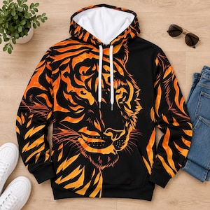 Può includere: Una felpa nera con cappuccio caratterizzata da una grande grafica di un volto di tigre color arancione vivace sul davanti. La felpa include una fodera interna bianca, maniche lunghe con polsini a coste, una tasca a marsupio e cordini bianchi.