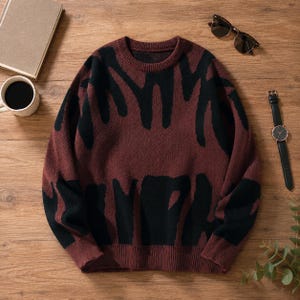 May include: A long-sleeved crewneck sweater featuring a deep maroon base color with a bold, abstract black pattern across the front. The garment has a ribbed knit collar, cuffs, and hem, providing a structured fit with a consistent knit texture.