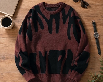 Knitwear Pullover: Jacquard Pattern, Round Neck, Autumn Grunge Streetwear, Oversized Casual Sweater