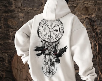 Nordic Rune Hoodie: Gothic Raven Print, Retro Streetwear, Autumn Winter, Oversized Hooded Sweatshirt