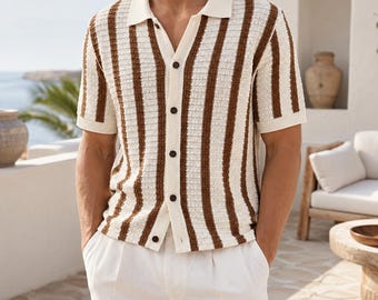 Men's Knit Polo Cardigan: Striped Crochet Design, Breathable Resort, Casual Summer Button Shirt Style