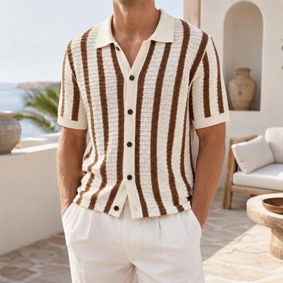 Men's Knit Polo Cardigan: Striped Crochet Design, Breathable Resort, Casual Summer Button Shirt Style