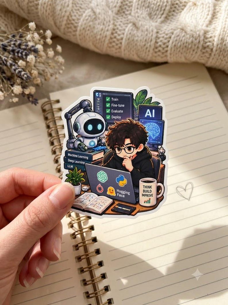 May include: A die-cut sticker featuring an anime-style character working on a laptop with various tech stickers. A small white robot, a monitor displaying a checklist, and a mug labeled THINK BUILD IMPROVE are present. The laptop displays logos for Python, Hugging Face, and others.
