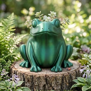 May include: A metallic green frog planter with a wide, smiling mouth and large eyes. The frog is sitting on a tree stump and has small plants growing from its head. A small ladybug rests on the stump.