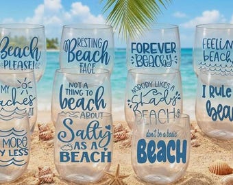 Beach Theme Stemless Wine Glasses: Shatterproof Plastic Coastal Drinkware