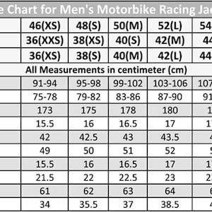May include: A size chart for men's motorbike racing jackets, with measurements in centimeters. The chart includes chest, waist, full length, shoulder, back rise, collar round, cuff round, sleeve length, and elbow round measurements for various sizes.