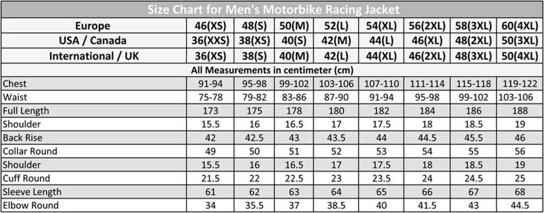 May include: A size chart for men's motorbike racing jackets, with measurements in centimeters. The chart includes chest, waist, full length, shoulder, back rise, collar round, cuff round, sleeve length, and elbow round measurements for various sizes.