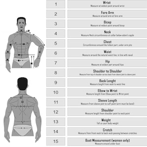May include: A diagram illustrating body measurements for clothing. It features male figures from multiple angles with measurement points indicated. A corresponding chart lists measurement areas like wrist, chest, and waist.