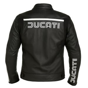 May include: Black leather motorcycle jacket with white stripes and the word "DUCATI" printed in white on the back and sleeve. The jacket has a classic collar, a button closure at the waist, and a streamlined design.
