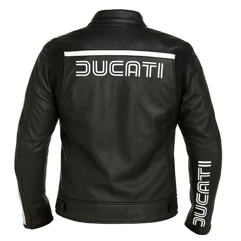 May include: Black leather motorcycle jacket with white stripes and the word "DUCATI" printed in white on the back and sleeve. The jacket has a classic collar, a button closure at the waist, and a streamlined design.