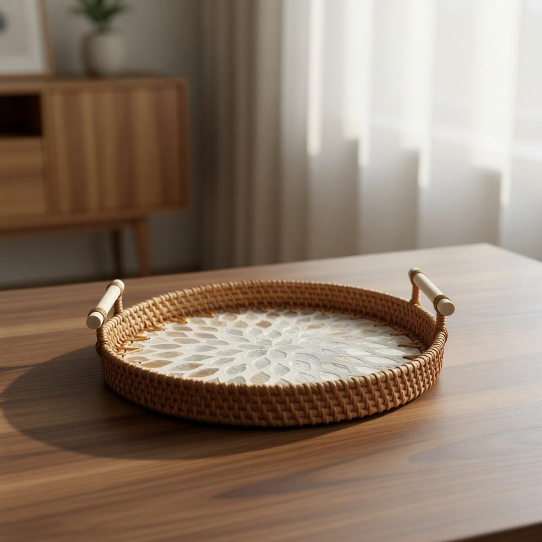 Handwoven Rattan Tray, Shell Inlay Serving Tray, Fruit Bread Basket ...