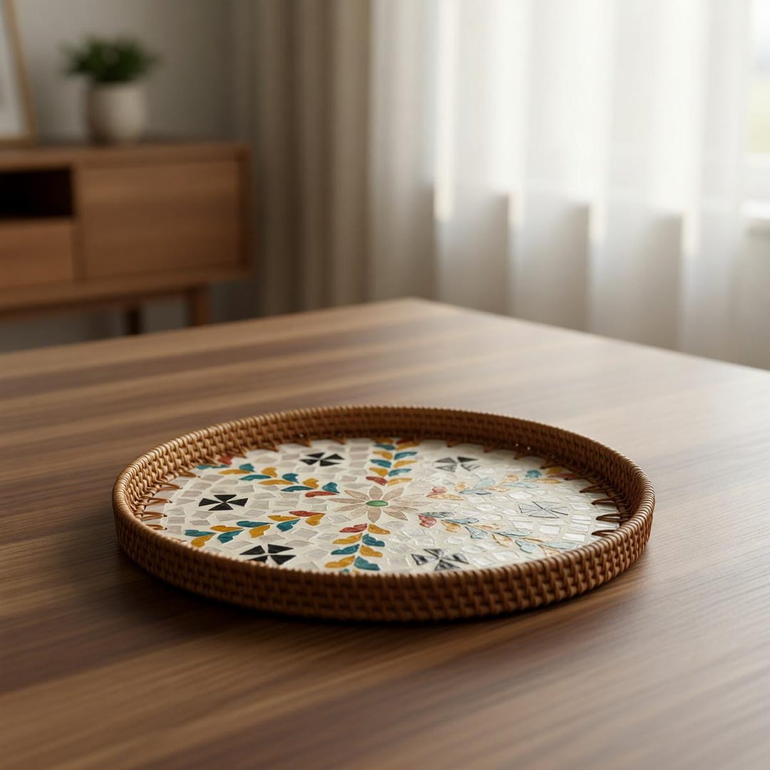 Handwoven Rattan Tray, Mosaic Shell Serving Tray, Round Snack Tray ...