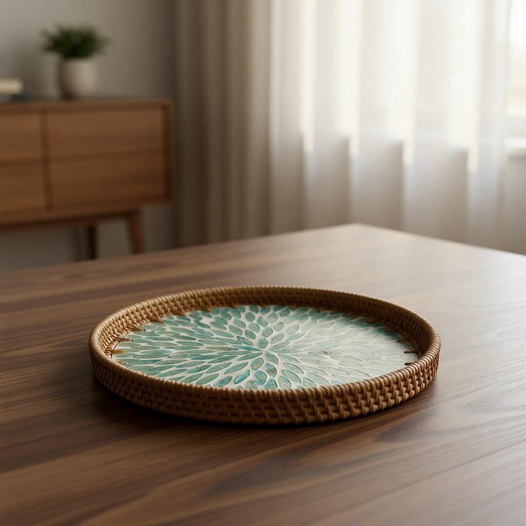 Handwoven Rattan Tray, Shell Inlay Serving Tray, Round Fruit Platter ...