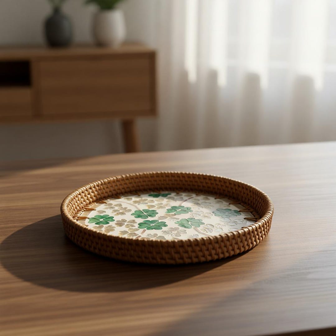 Handwoven Rattan Tray, Shell Inlaid Serving Tray, Round Decorative ...