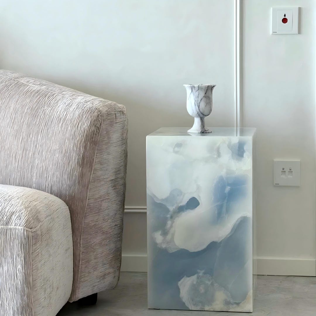 Blue Calcite Marble Plinth Side Table, Ice Blue Stone Pedestal, Art ...