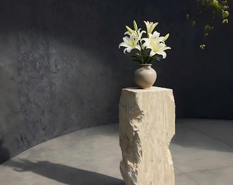 Raw Edge Travertine Plinth, Wabi-Sabi Natural Stone Pedestal, Hand-Carved Travertine Column
