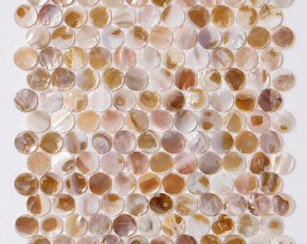 Penny Round Mother of Pearl Tile, Caramel Spotted Shell Mosaic, Warm Beige Backsplash, Organic Modern Bathroom, Tortoiseshell Wall Sheet