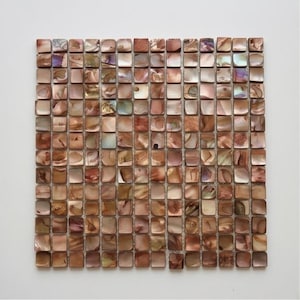 Può includere: Lastra di piastrelle a mosaico quadrate con finitura madreperla. Le piastrelle sono un mix di colori marrone, beige e iridescenti. Le piastrelle sono disposte in un motivo a griglia, creando una superficie strutturata. Adatto a vari progetti di arredamento per la casa.