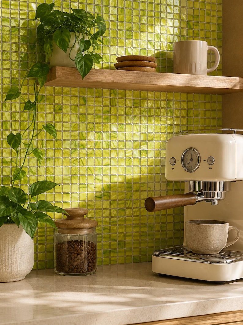 May include: A kitchen scene featuring a light green square tile backsplash, a wooden floating shelf with a beige mug and small wooden coasters, a potted green plant, a glass jar with a wooden lid containing coffee beans, and an espresso machine.