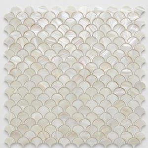 May include: A square mosaic tile sheet featuring a repeating pattern of iridescent, fan-shaped tiles. The tiles have a pearlescent, off-white color with subtle variations, creating a shimmering effect. The grout lines are a light gray.