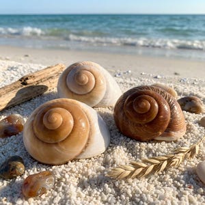 May include: Three spiral-shaped seashells resting on white sand. Two shells are a light tan color with a smooth, polished texture, while the third shell is a deeper, rich brown. The shells feature a distinct coiled pattern and rounded edges.