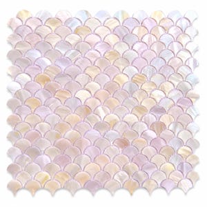 May include: A square mosaic tile sheet featuring a repeating fan-shaped or fish-scale pattern. The individual tiles are made of iridescent shell material, displaying a soft color palette of pale pink, cream, and pearlescent white tones throughout.