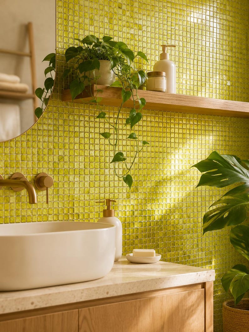 May include: A bathroom vanity area featuring a white oval vessel sink, a brass faucet, and a light wood cabinet. The wall is covered in small, square, lime green glass tiles. A wooden shelf holds a potted plant, a soap dispenser, and a jar.
