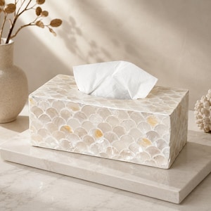 Funda para caja de pañuelos de nácar, soporte rectangular para pañuelos con forma de concha de vieira, decoración de tocador costera de lujo, accesorio para baño tipo spa