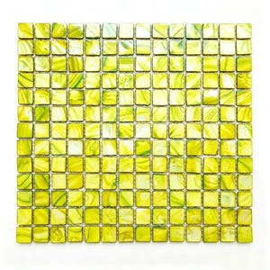 May include: A square mosaic tile sheet featuring a grid of small, glossy square tiles in varying shades of bright lime green and yellow. Each individual tile displays a unique, swirling marbled pattern with translucent and opaque color variations.