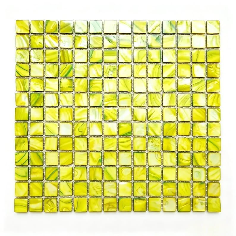 May include: A square mosaic tile sheet featuring a grid of small, glossy square tiles in varying shades of bright lime green and yellow. Each individual tile displays a unique, swirling marbled pattern with translucent and opaque color variations.