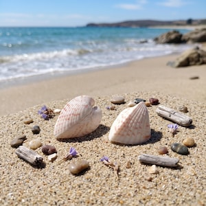May include: Two off-white seashells with delicate pinkish-brown radial stripes are arranged on a sandy surface. They are surrounded by small smooth pebbles, pieces of weathered driftwood, and tiny purple flowers scattered across the sand.