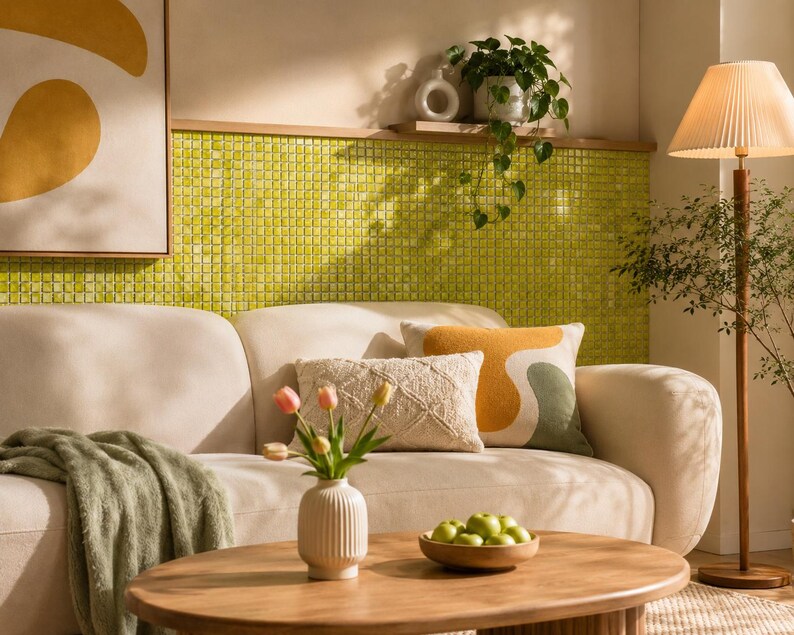 May include: A cream-colored sofa with a green throw blanket, two decorative pillows, and a wooden coffee table. On the table sits a white ribbed vase with pink tulips and a wooden bowl filled with green apples. A floor lamp stands to the right.
