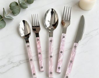 Pink Pearl Flatware Set, French Bistro Cutlery, Silver Rivet Handle, Coquette Dining Decor, Mother of Pearl Style Silverware Gift