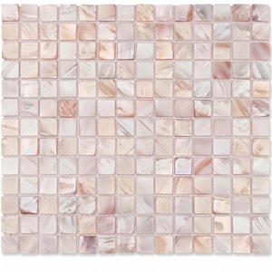 May include: A square mosaic tile sheet composed of small, individual square tiles with a pearlescent finish. The tiles feature a mix of soft pink, cream, and iridescent white tones, creating a shimmering, reflective surface with natural shell-like textures.