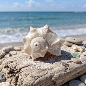 Könnte beinhalten: Eine perlmuttfarbene weiße Muschel mit spiralförmiger Mitte und spitzen Kanten. Die Muschel hat eine glatte, glänzende Oberfläche mit dezenten Creme- und Elfenbeintönen und zeigt eine natürliche, komplexe Struktur mit einer kleinen Öffnung.