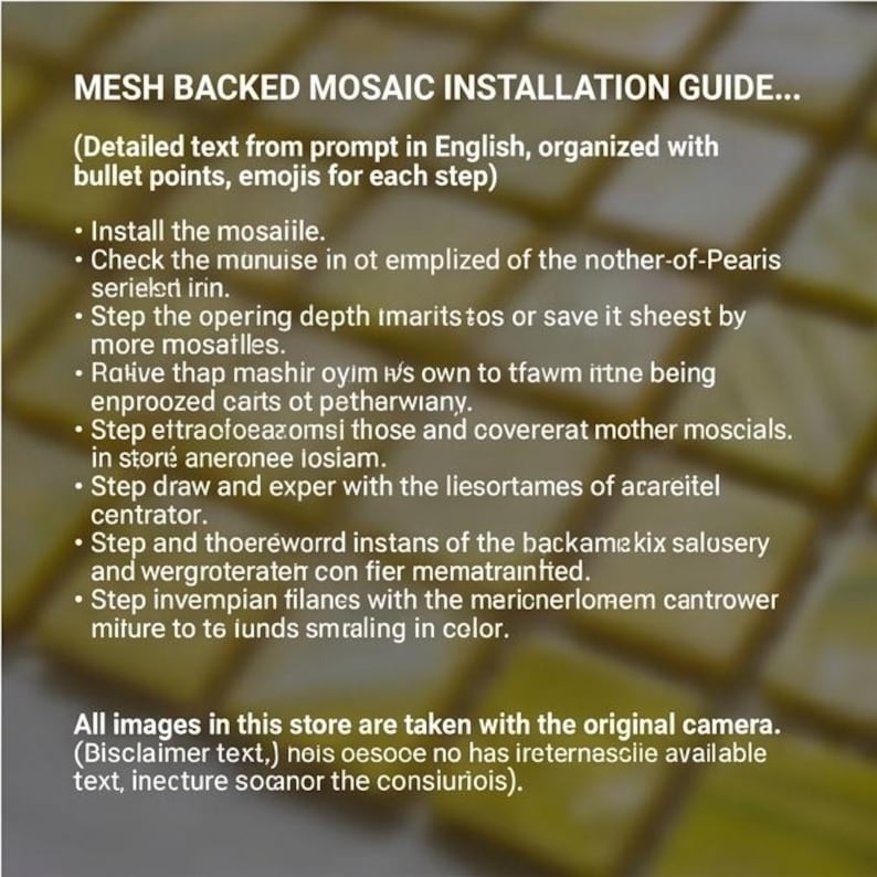 May include: A digital graphic titled MESH BACKED MOSAIC INSTALLATION GUIDE featuring white text on a blurred yellow grid background. The text includes a list of instructions with bullet points and a disclaimer about the original camera usage.