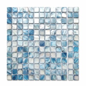 May include: A square mosaic tile sheet featuring a grid of small, individual square tiles in varying shades of blue and white. Each tile has a smooth, glossy, and slightly iridescent finish with marbled patterns, arranged in a uniform pattern.