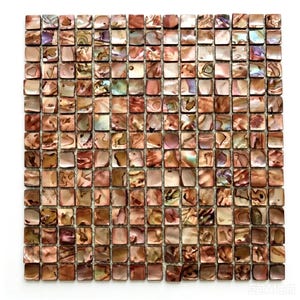 May include: Square mosaic tiles in shades of brown, beige, and iridescent colors. The tiles are arranged in a grid pattern, creating a textured surface. The mosaic has a natural, organic appearance, suitable for various design applications.