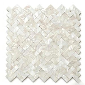 May include: A square mosaic tile sheet with a herringbone pattern. The tiles are rectangular, with a pearlescent white finish. The arrangement creates a textured, shimmering surface, suitable for interior design projects.