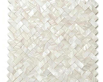 Herringbone Mother of Pearl Tile, White Shell Chevron Mosaic, Iridescent Backsplash, Mermaidcore Spa Bathroom Decor, Coastal Wall Sheet