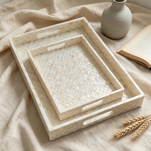 Rectangular Mother of Pearl Tray Set - Decorative Shell Inlay Ottoman Tray - Coastal Decor Bathroom Vanity Perfume Organizer