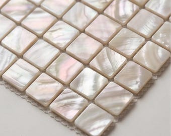 Square Mother of Pearl Mosaic Tile, Iridescent Shell Backsplash, Coastal Bathroom Decor