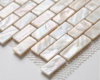 White Subway Shell Tile, Mother of Pearl Brick Mosaic, Iridescent Backsplash, Mothers Day Gift for Mom, Minimalist Spa Bathroom Decor