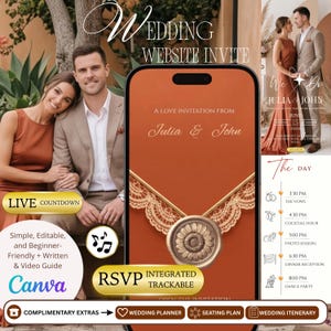以下が含まれることがあります： スマートフォン画面に表示されたデジタル結婚式ウェブサイト招待状。焦げたオレンジ色の背景、金色のレースの封筒フラップ、ヒマワリのワックスシールが特徴。テキストには「A LOVE INVITATION FROM Julia & John」および「OPEN THE INVITATION」と記載。