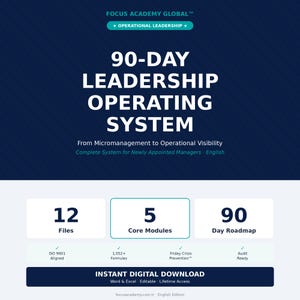 May include: A digital product graphic titled 90-Day Leadership Operating System from Focus Academy Global. It features 12 files, 5 core modules, and a 90-day roadmap. Includes text indicating ISO 9001 aligned, 1,052+ formulas, and instant digital download.