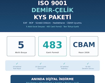 ISO 9001 Demir-Çelik Sektörü Excel Paketi – CBAM, KPI, Risk Takip (Türkçe)