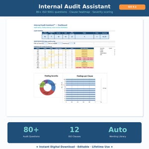 以下が含まれることがあります： 「Internal Audit Assistant」というタイトルのデジタルダッシュボードで、データ視覚化がされています。ダッシュボードにはグラフ、表、そして「80+ ISO 9001 questions」というテキストが含まれています。画像には「Instant Digital Download Editable Lifetime Use」というテキストも含まれています。