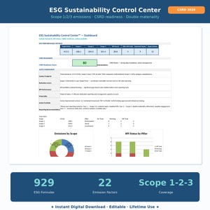 以下が含まれることがあります： 「ESG Sustainability Control Center」というタイトルのデジタルドキュメントで、データの視覚化とメトリクスが含まれています。このドキュメントには、排出量、CSRDの準備状況、持続可能性に関連するグラフ、表、主要業績評価指標（KPI）が含まれています。また、テキスト「インスタントデジタルダウンロード、編集可能、生涯利用」も含まれています。