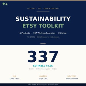 May include: A digital sustainability Etsy toolkit graphic featuring the text Sustainability Etsy Toolkit, 337 Editable Files, 6 Products, 337 Working Formulas, ISO 14001, ESG, Carbon Tracking, GHG Protocol, Excel, Critical Analyses, Index, and Scope 1-2-3.