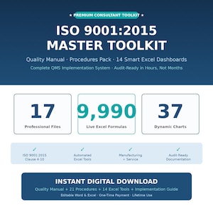 以下が含まれることがあります： 「ISO 9001:2015 MASTER TOOLKIT」のテキストが入ったデジタルツールキットのグラフィック。専門ファイル、Excelの数式、動的グラフに関する情報が含まれています。グラフィックは、すぐにダウンロードできる機能も強調しています。